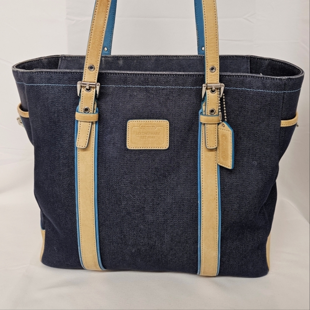 Coach Denim Hampton Large Tote Bag, Tan Blue Leather Handles - Picture 2 of 16